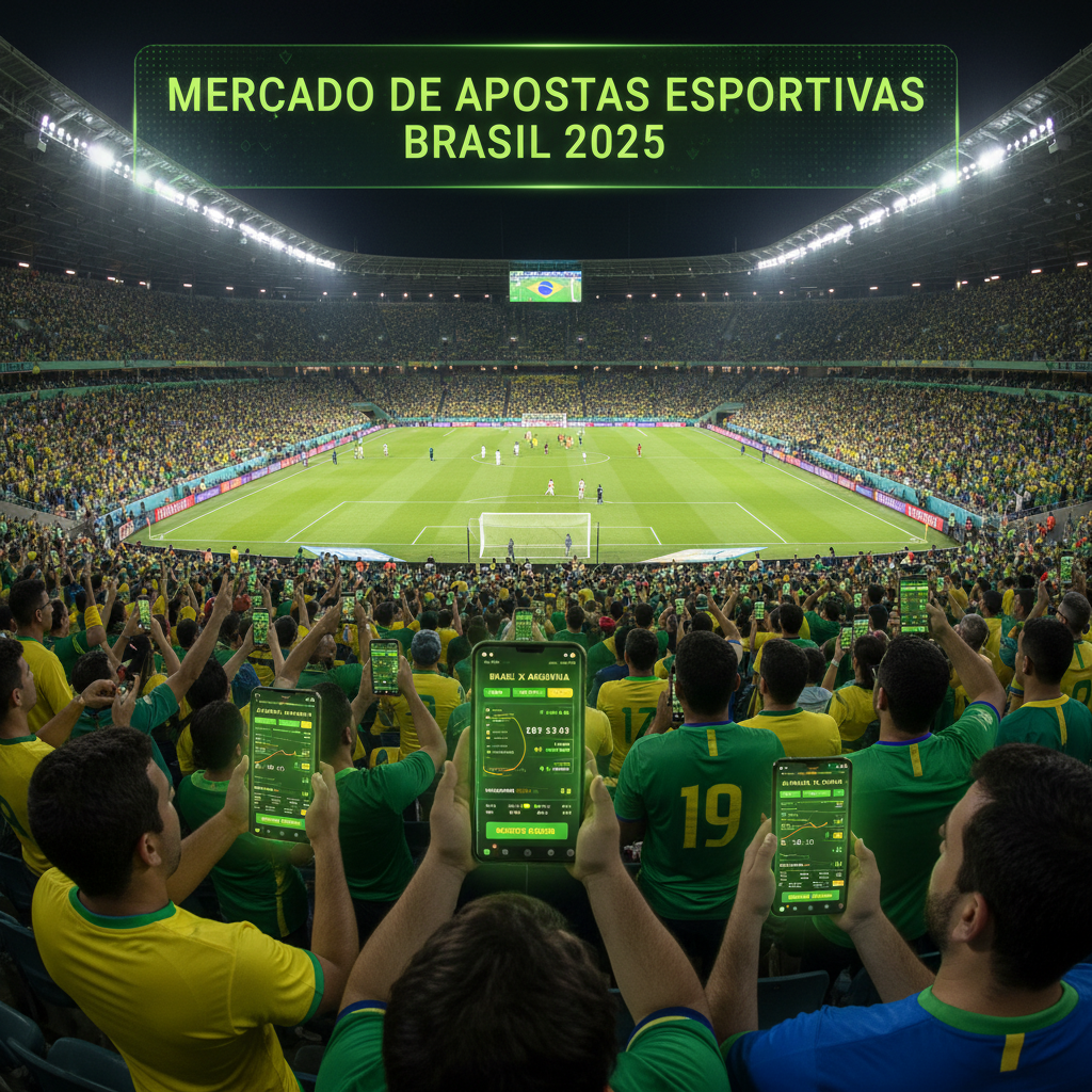 Mercado de Apostas Esportivas Brasil 2025 - Torcedores usando apps de apostas no estádio