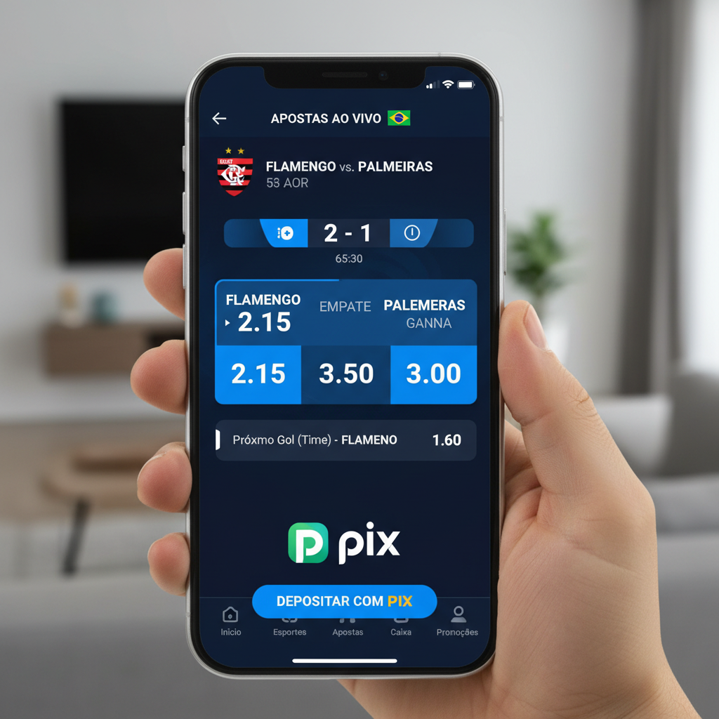 Aplicativo de apostas ao vivo com Pix - Interface mobile mostrando odds de futebol brasileiro